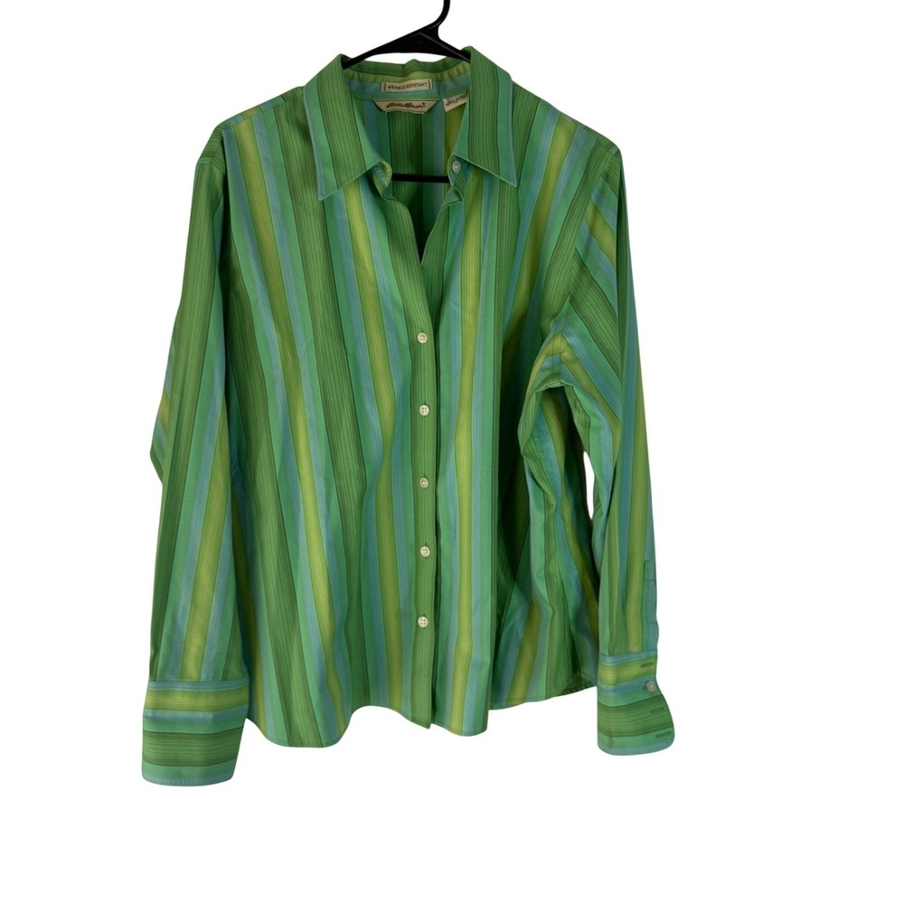 Eddie Bauer Vintage Mens XL Green Blue Stripe Cotton Long Sleeve Button Up Shirt